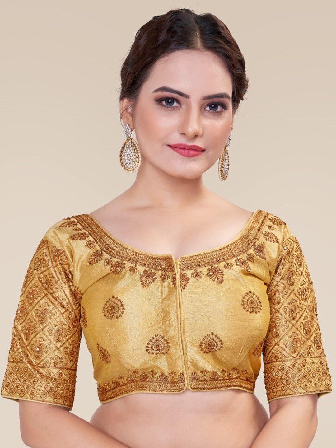 

HIMRISE Embroidered Silk Saree Blouse, Gold