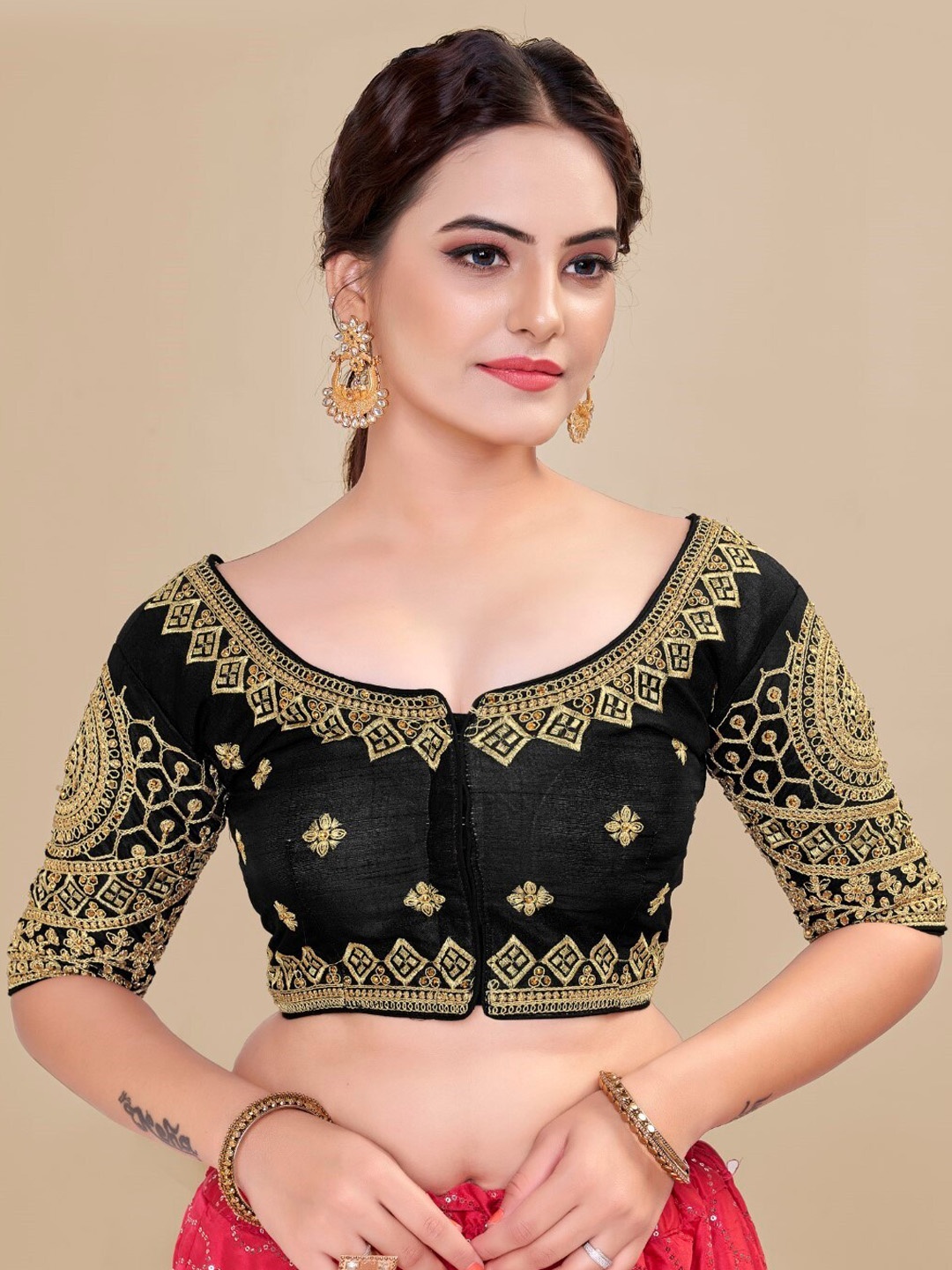 

HIMRISE Embroidered Round Neck Silk Saree Blouse, Black