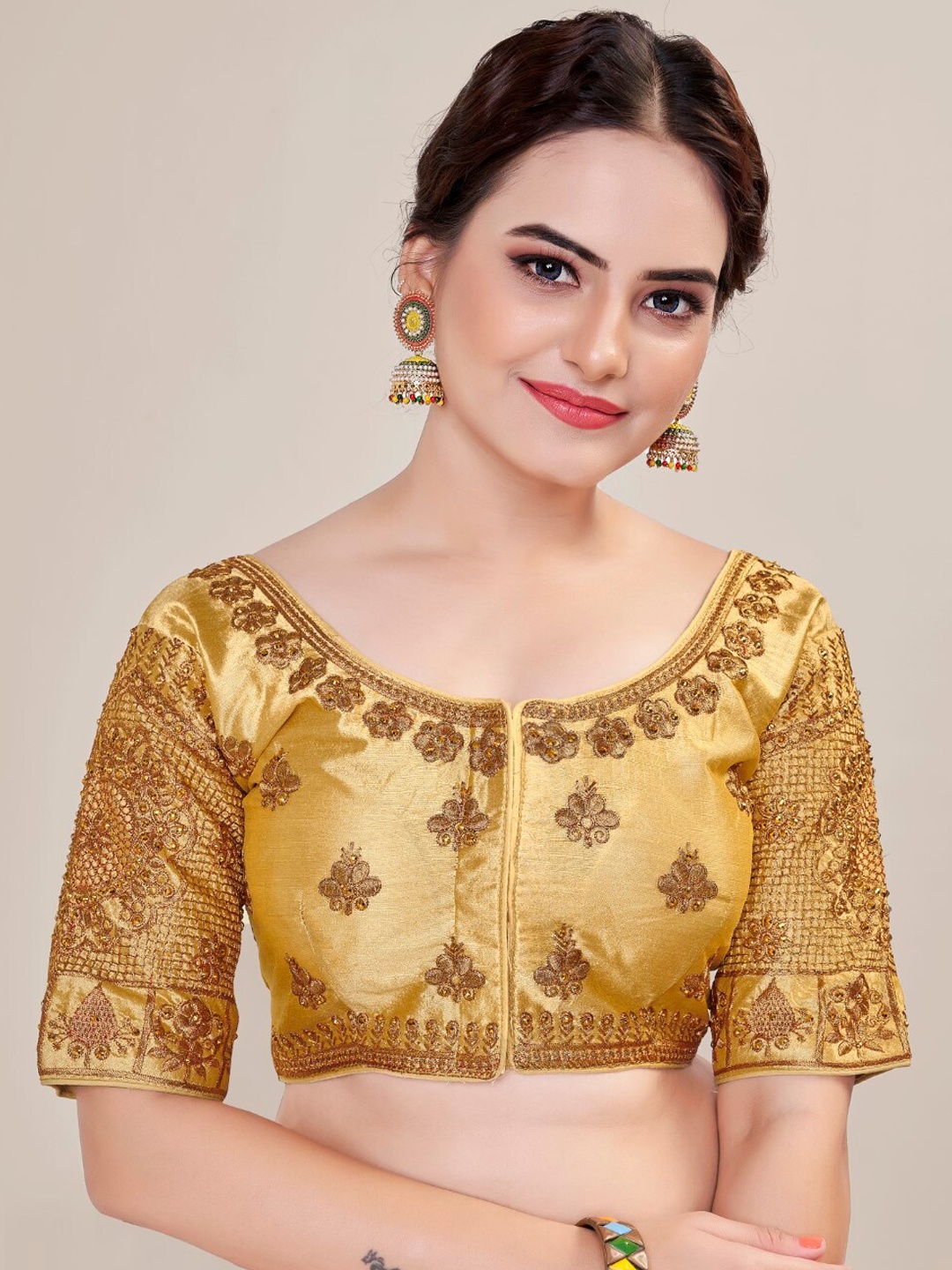 

HIMRISE Embroidered Silk Saree Blouse, Gold
