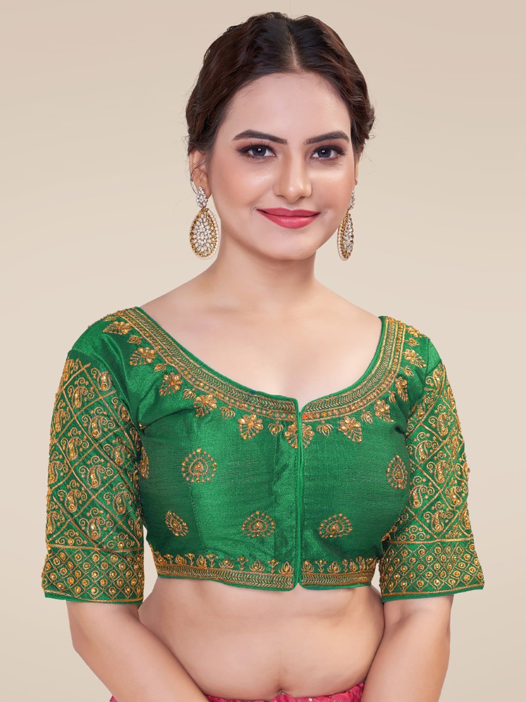 

HIMRISE Embroidered Silk Saree Blouse, Green
