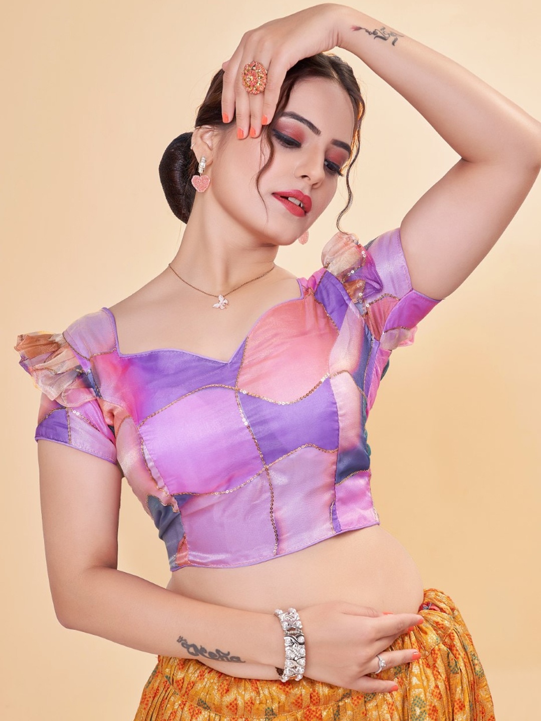 

HIMRISE Embellished Organza Saree Blouse, Violet