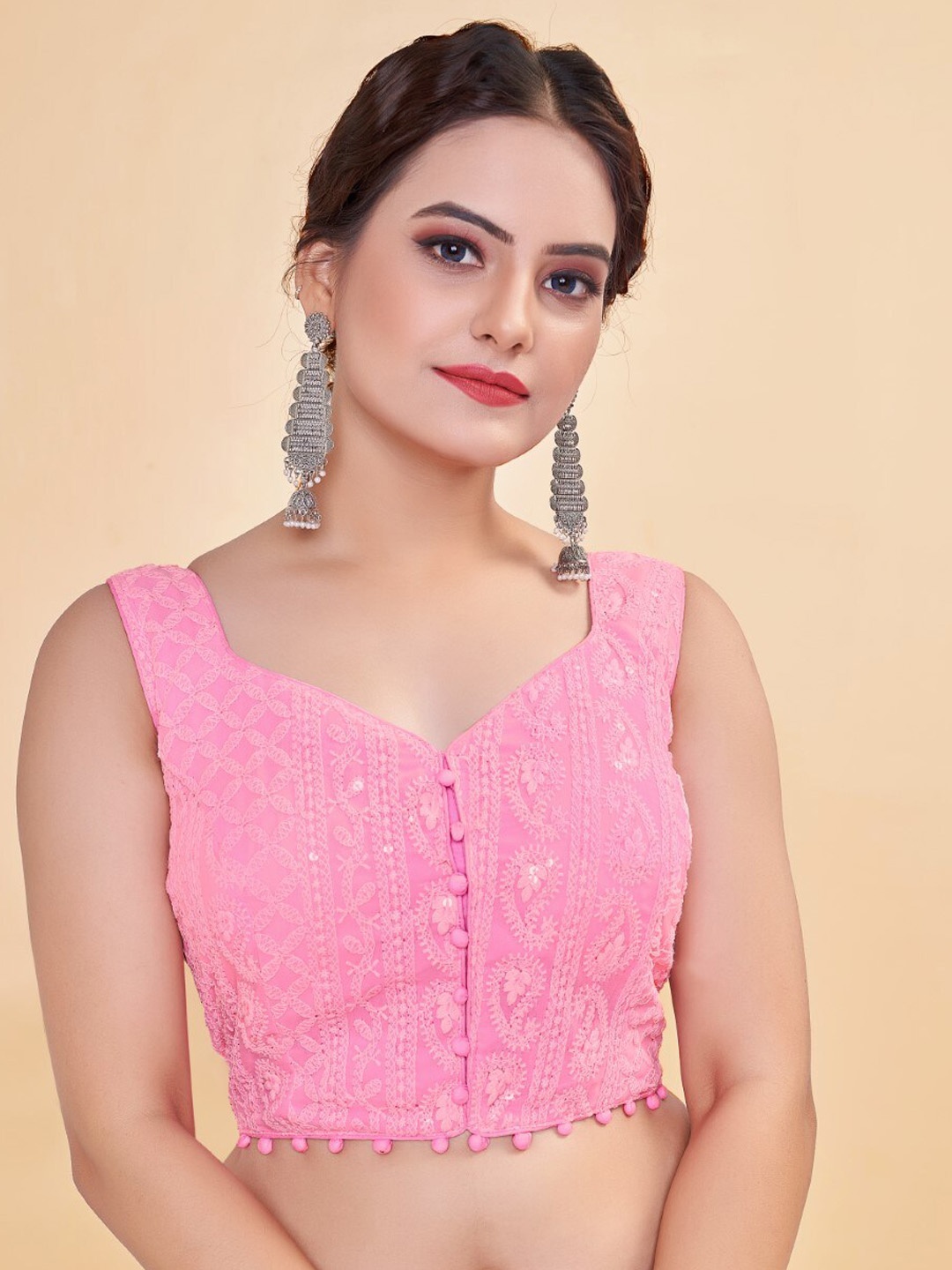 

HIMRISE Embroidered Sweetheart Neck Sleeveless Georgette Saree Blouse, Pink