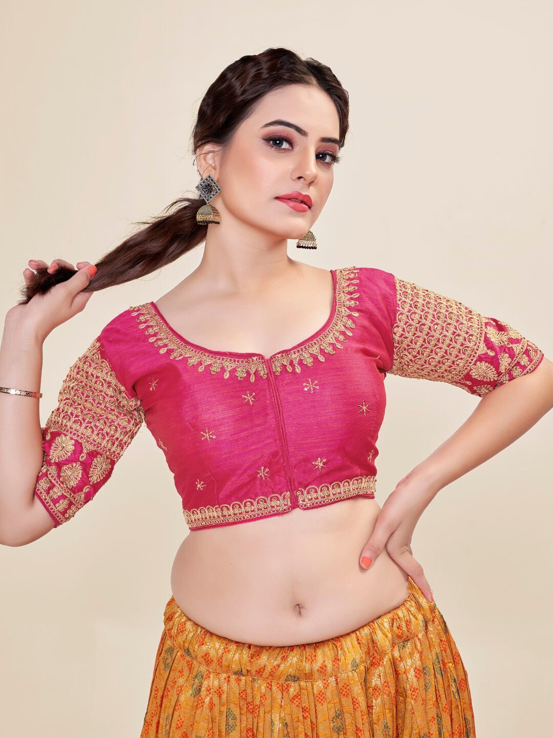 

HIMRISE Embroidered Round Neck Saree Blouse, Pink