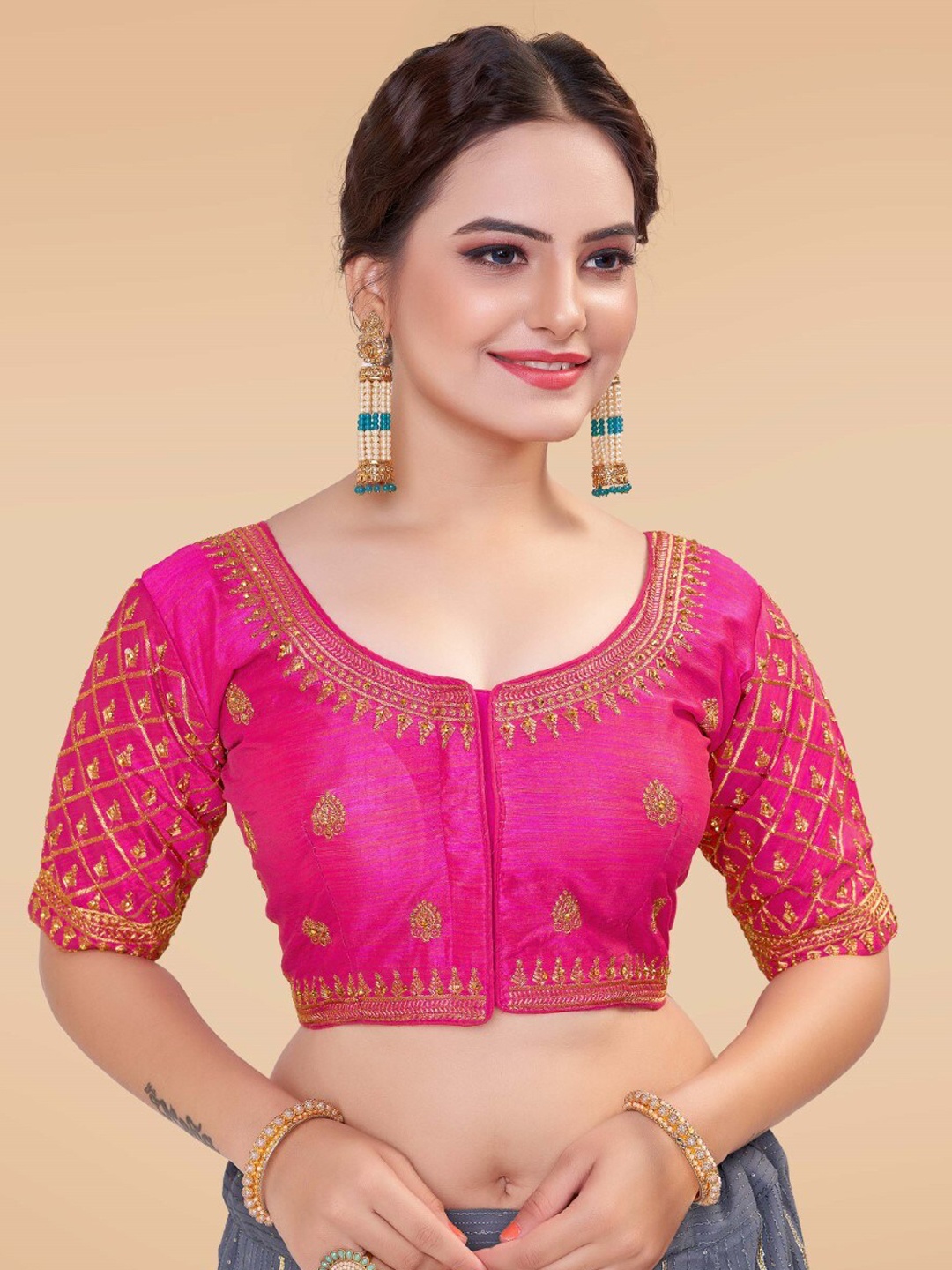 

HIMRISE Embroidered Silk Saree Blouse, Pink