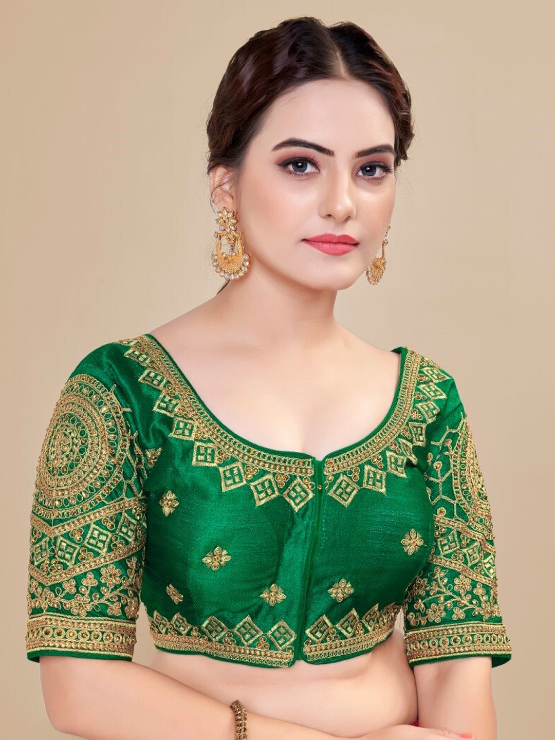 

HIMRISE Embroidered Silk Saree Blouse, Green