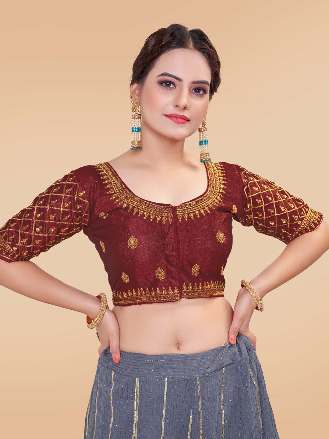 

HIMRISE Embroidered Silk Saree Blouse, Maroon