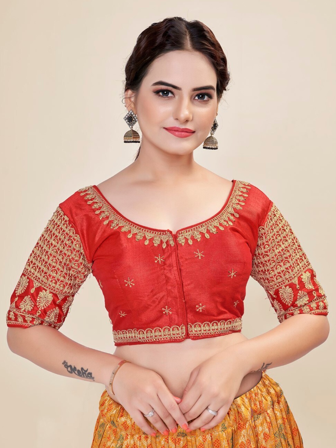 

HIMRISE Embroidered Round Neck Silk Saree Blouse, Red