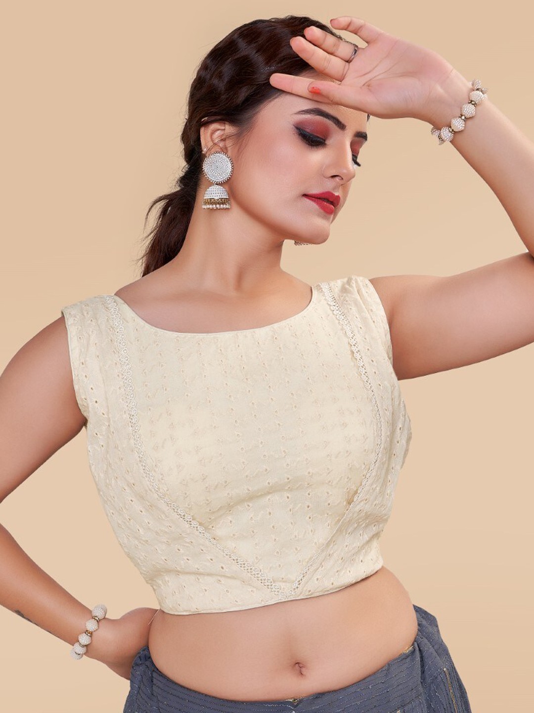 

HIMRISE Embroidered Sleeveless Saree Blouse, Cream