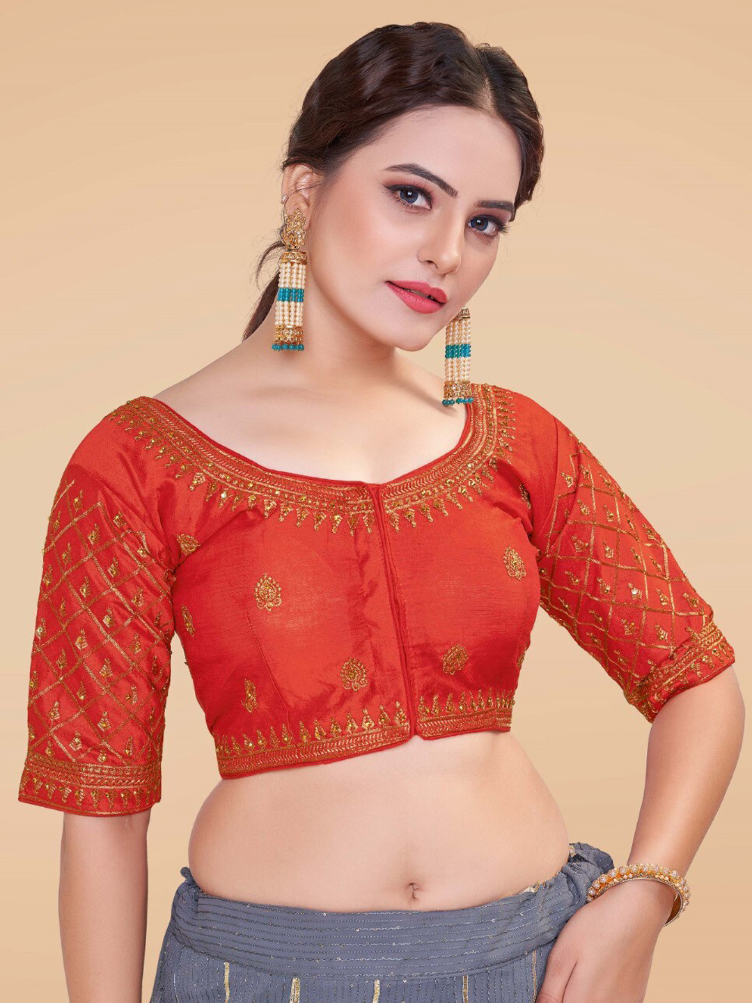 

HIMRISE Embroidered Silk Saree Blouse, Red