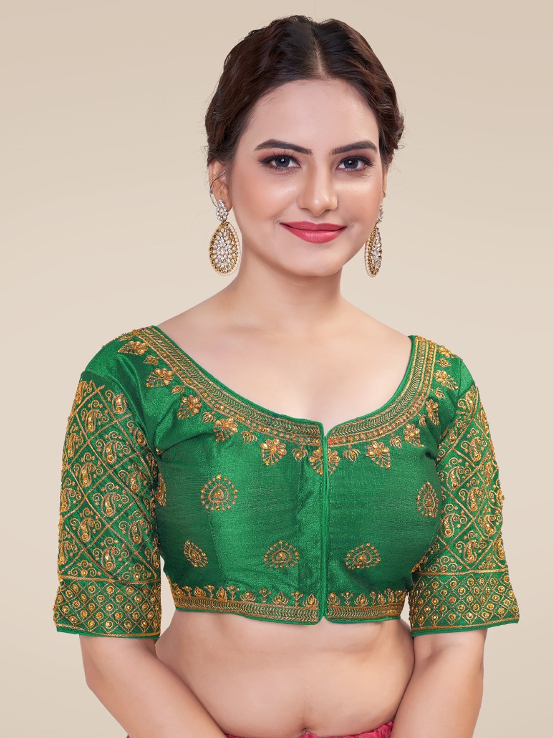 

HIMRISE Embroidered Silk Saree Blouse, Green