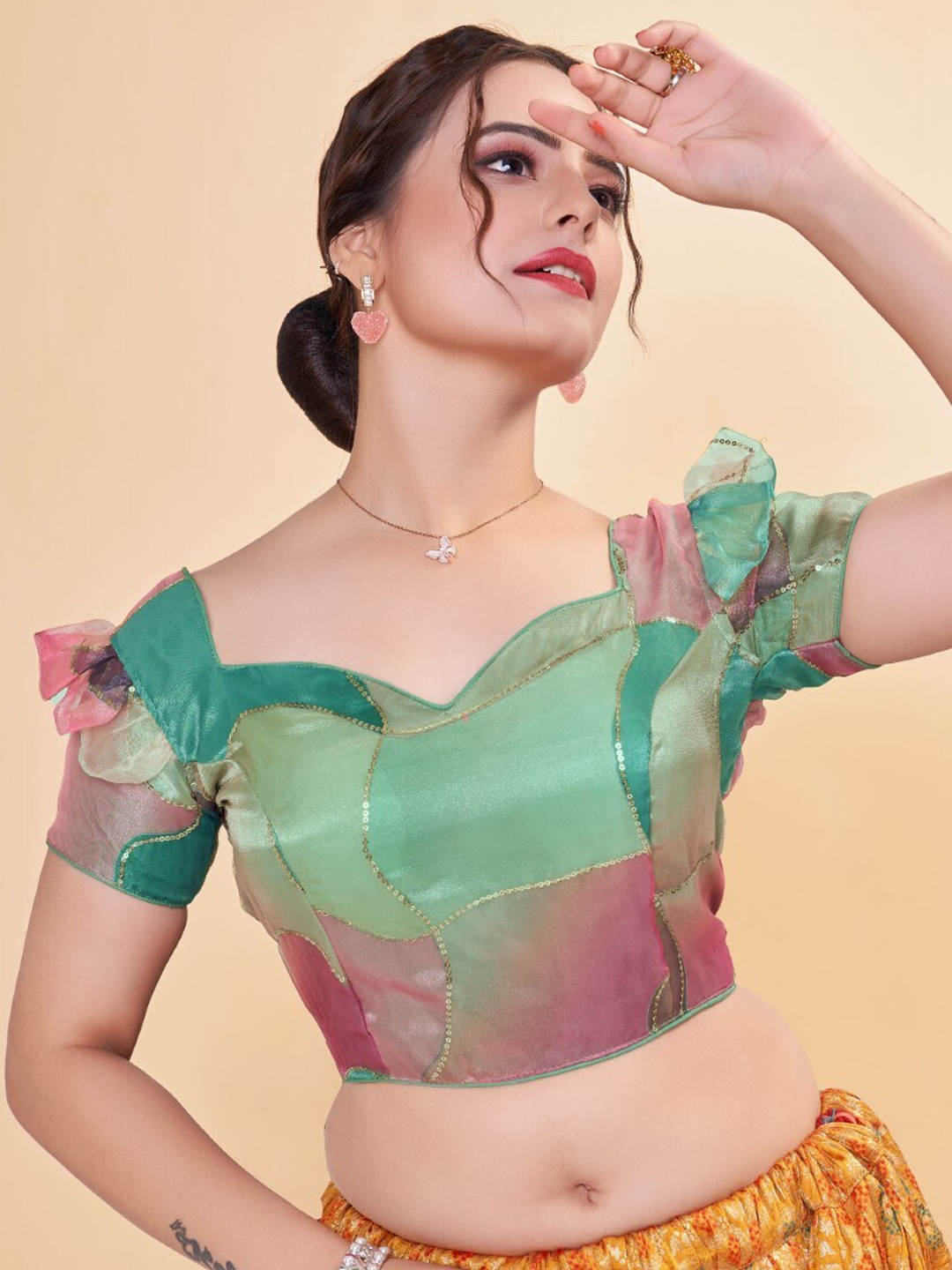 

HIMRISE Embellished Organza Saree Blouse, Maroon