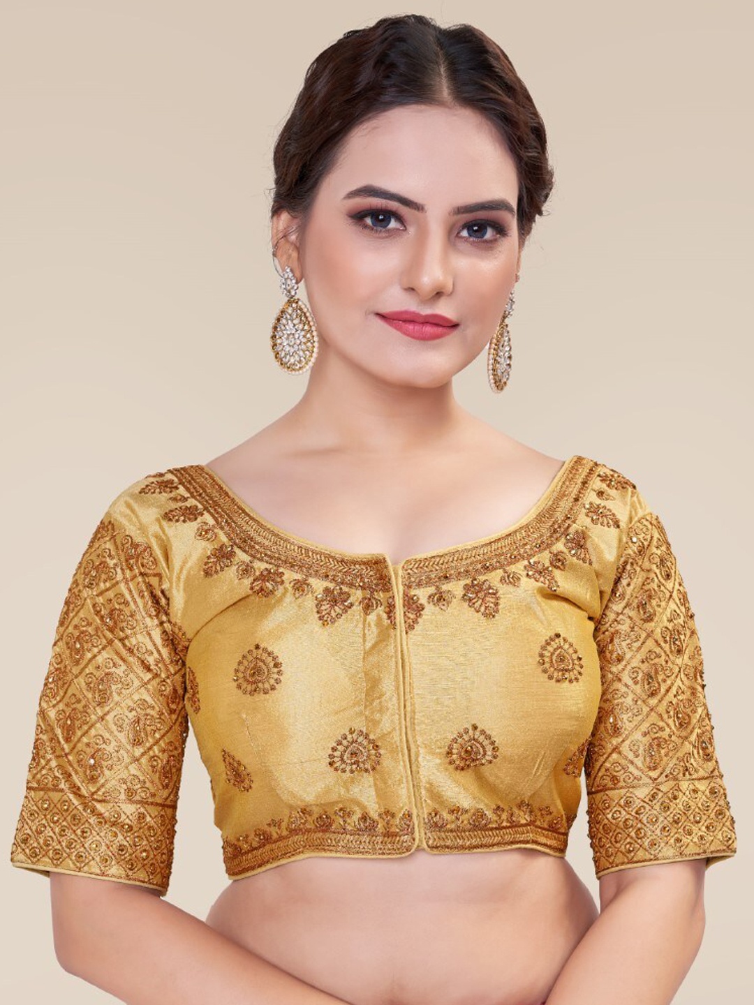 

HIMRISE Embroidered Round Neck Silk Saree Blouse, Gold