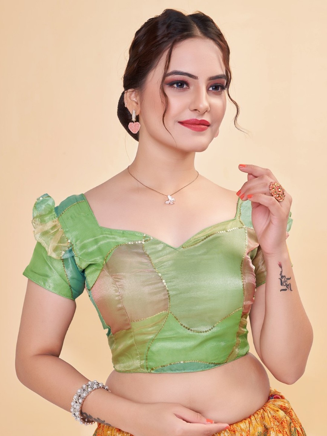 

HIMRISE Embellished Organza Saree Blouse, Green
