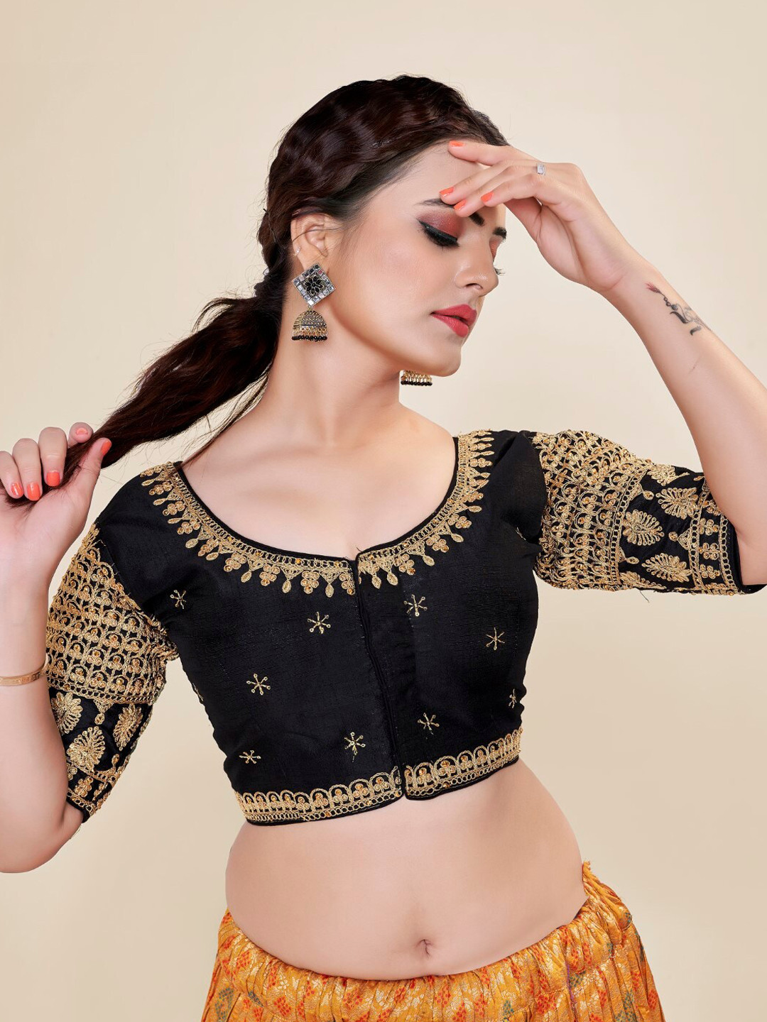 

HIMRISE Embroidered Silk Saree Blouse, Black