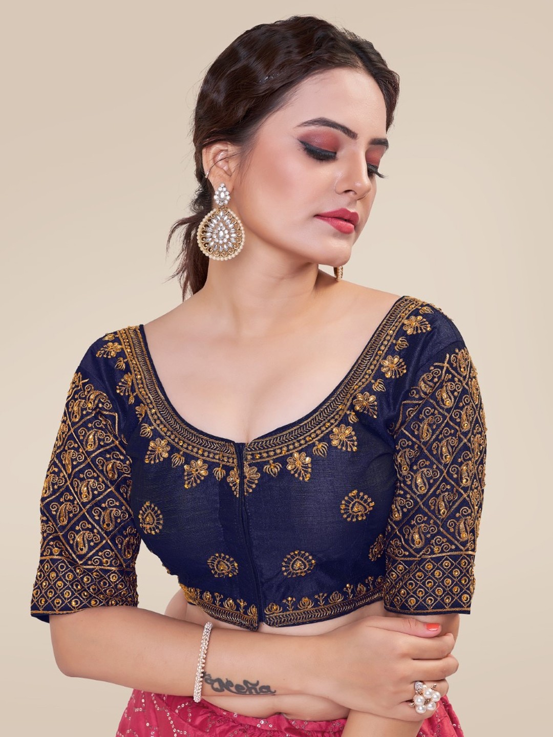 

HIMRISE Embroidered Silk Saree Blouse, Navy blue