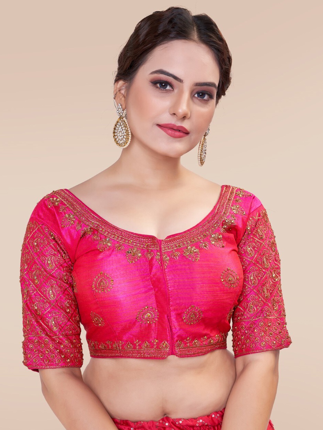 

HIMRISE Embroidered Round Neck Silk Saree Blouse, Pink