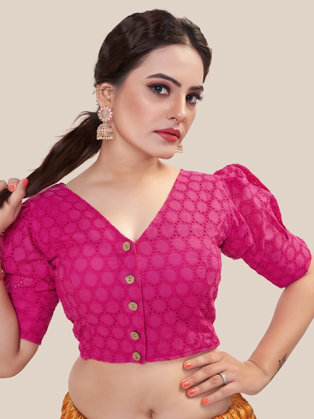 

HIMRISE Embroidered V-Neck Saree Blouse, Pink