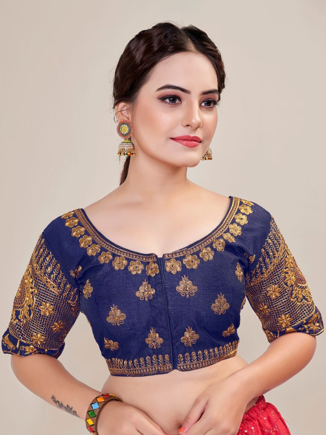 

HIMRISE Embroidered Round Neck Silk Saree Blouse, Navy blue