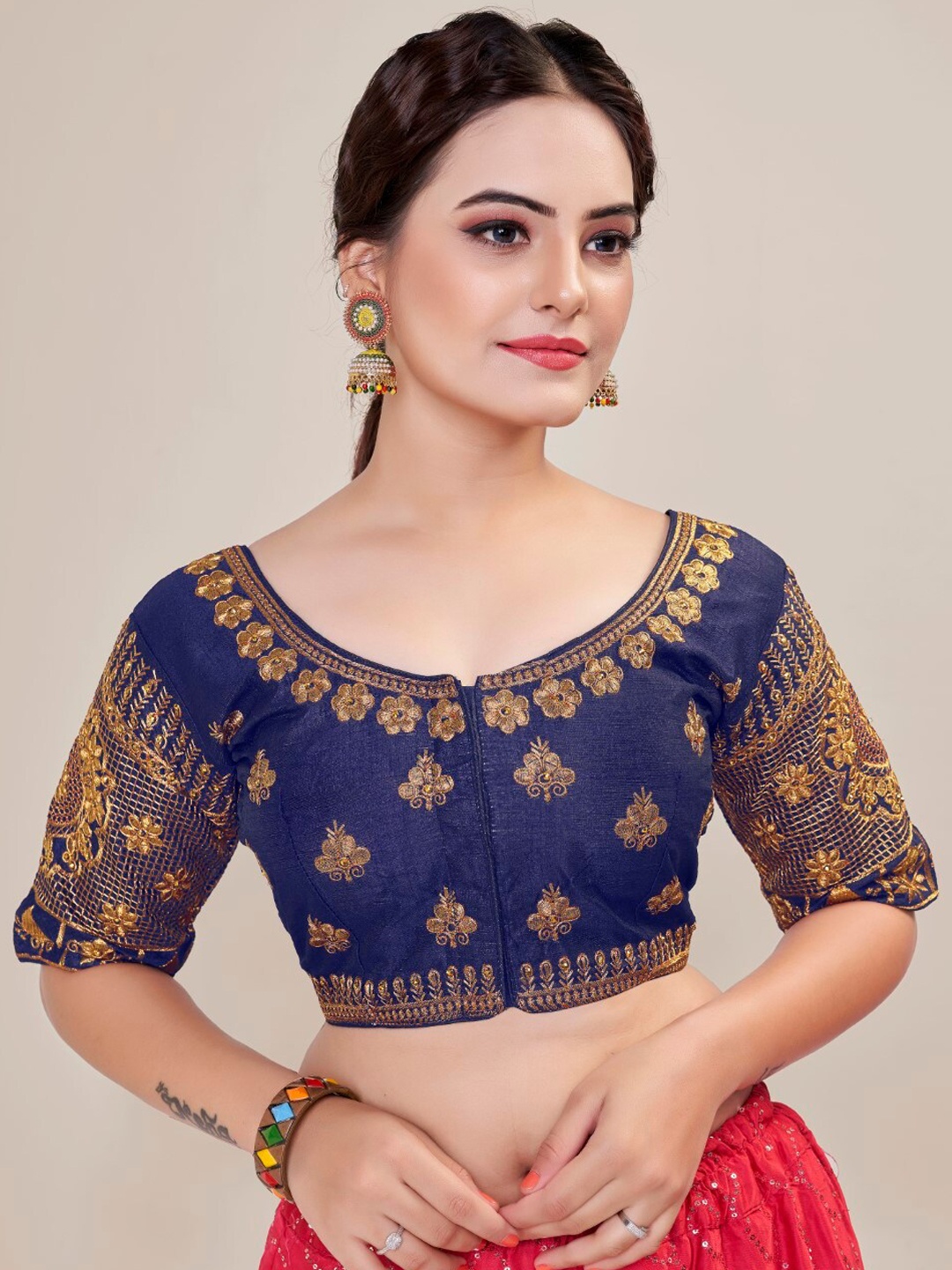 

HIMRISE Embroidered Round Neck Silk Saree Blouse, Navy blue