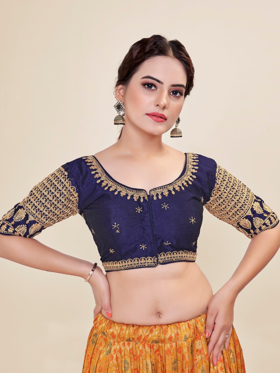 

HIMRISE Embroidered Half Sleeve Silk Saree Blouse, Navy blue