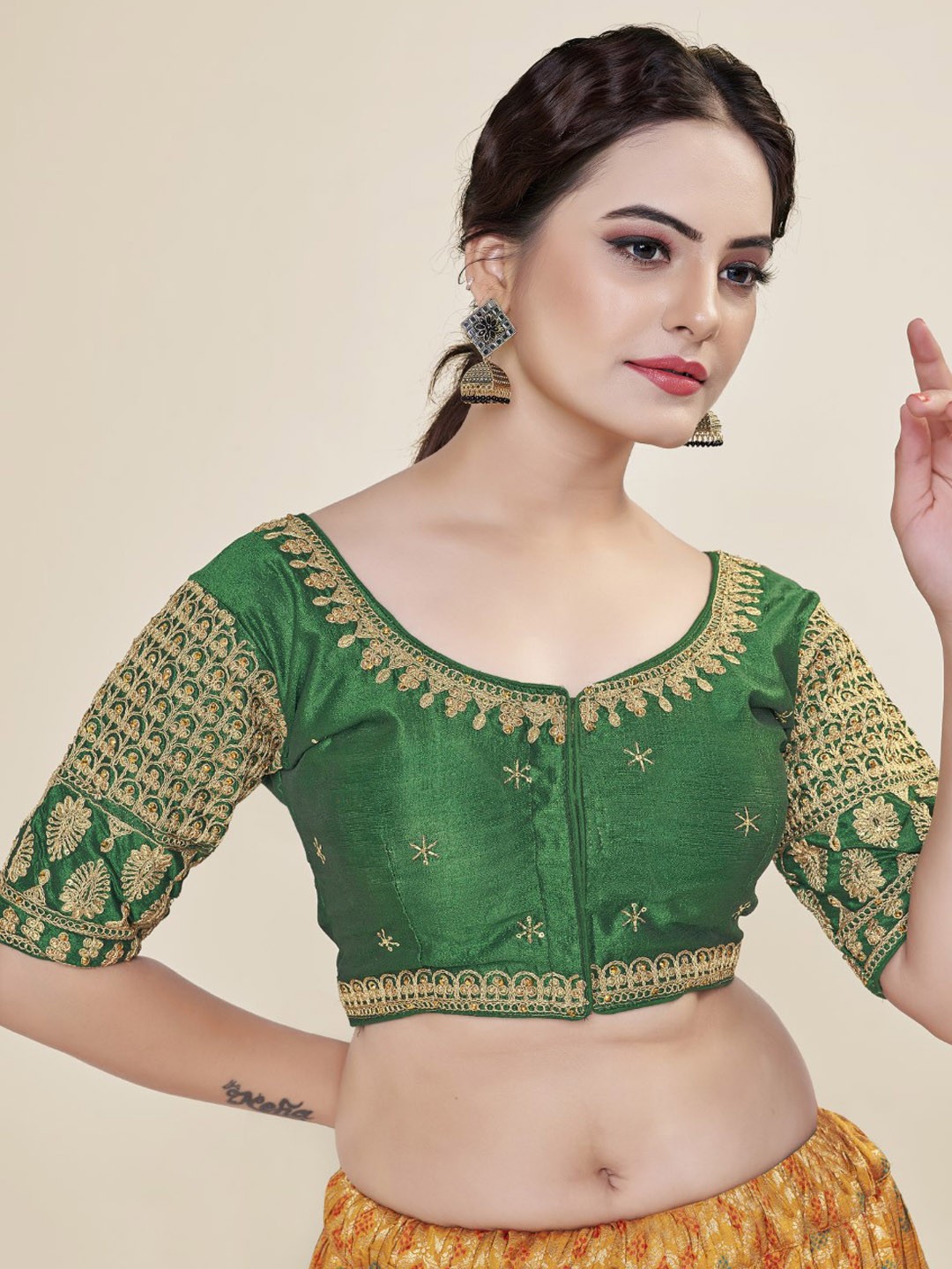 

HIMRISE Embroidered Silk Saree Blouse, Green