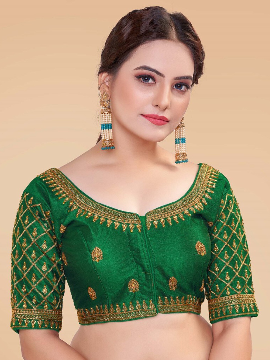 

HIMRISE Embroidered Round Neck Silk Saree Blouse, Green