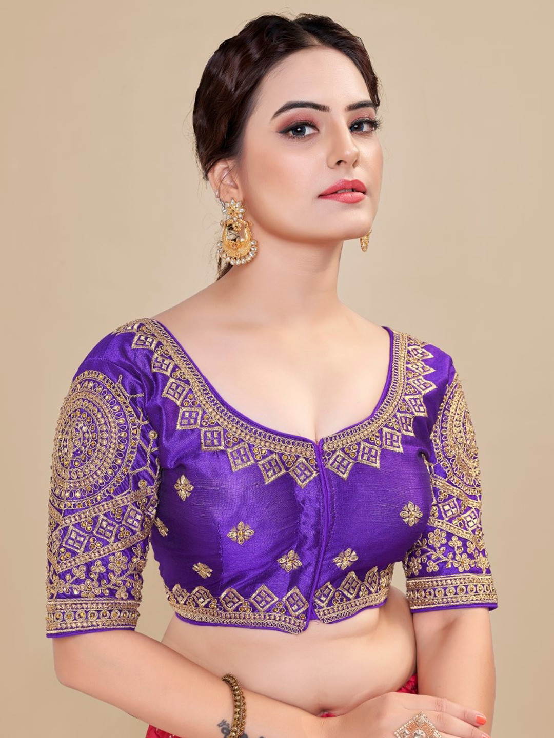 

HIMRISE Embroidered Round Neck Silk Saree Blouse, Purple