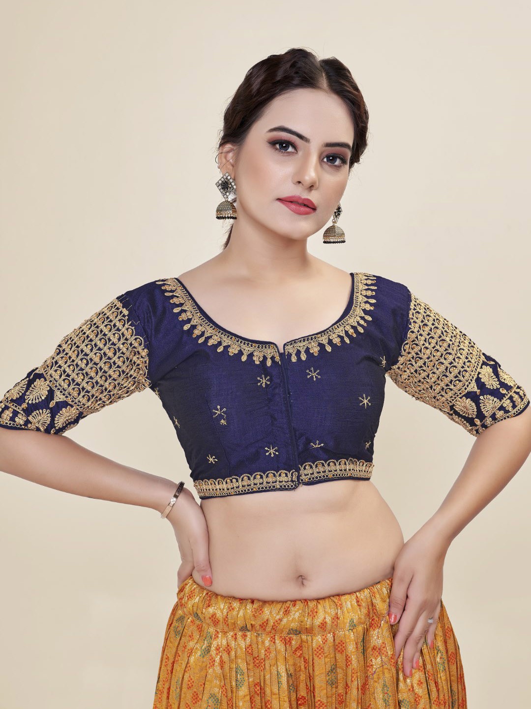 

HIMRISE Embroidered Silk Saree Blouse, Navy blue