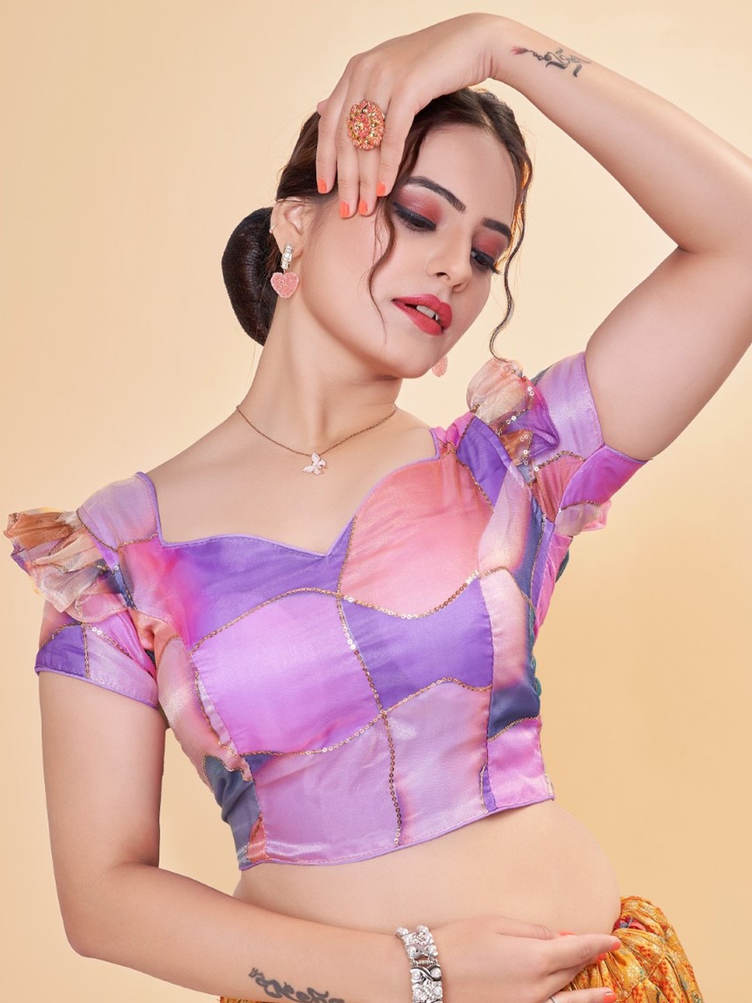 

HIMRISE Sequined Work Organza Saree Blouse, Violet