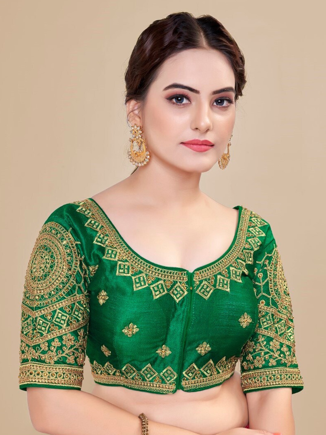 

HIMRISE Embroidered Round Neck Silk Saree Blouse, Green
