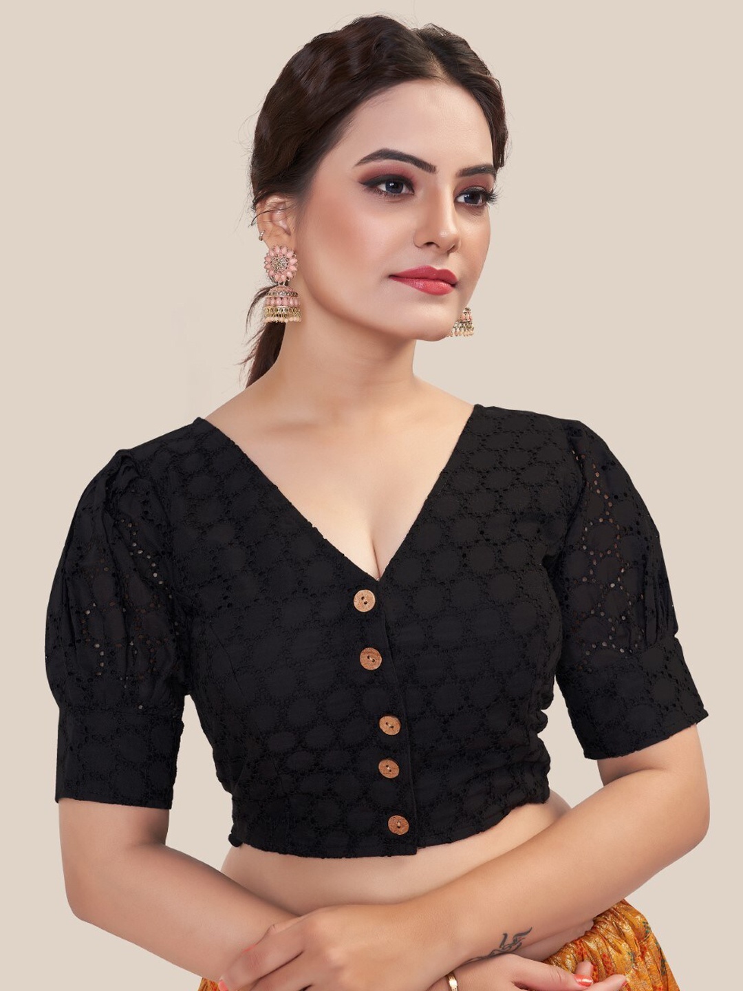 

HIMRISE Embroidered V-Neck Saree Blouse, Black