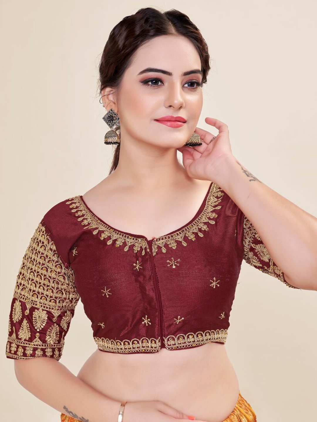 

HIMRISE Embroidered Round Neck Silk Saree Blouse, Brown