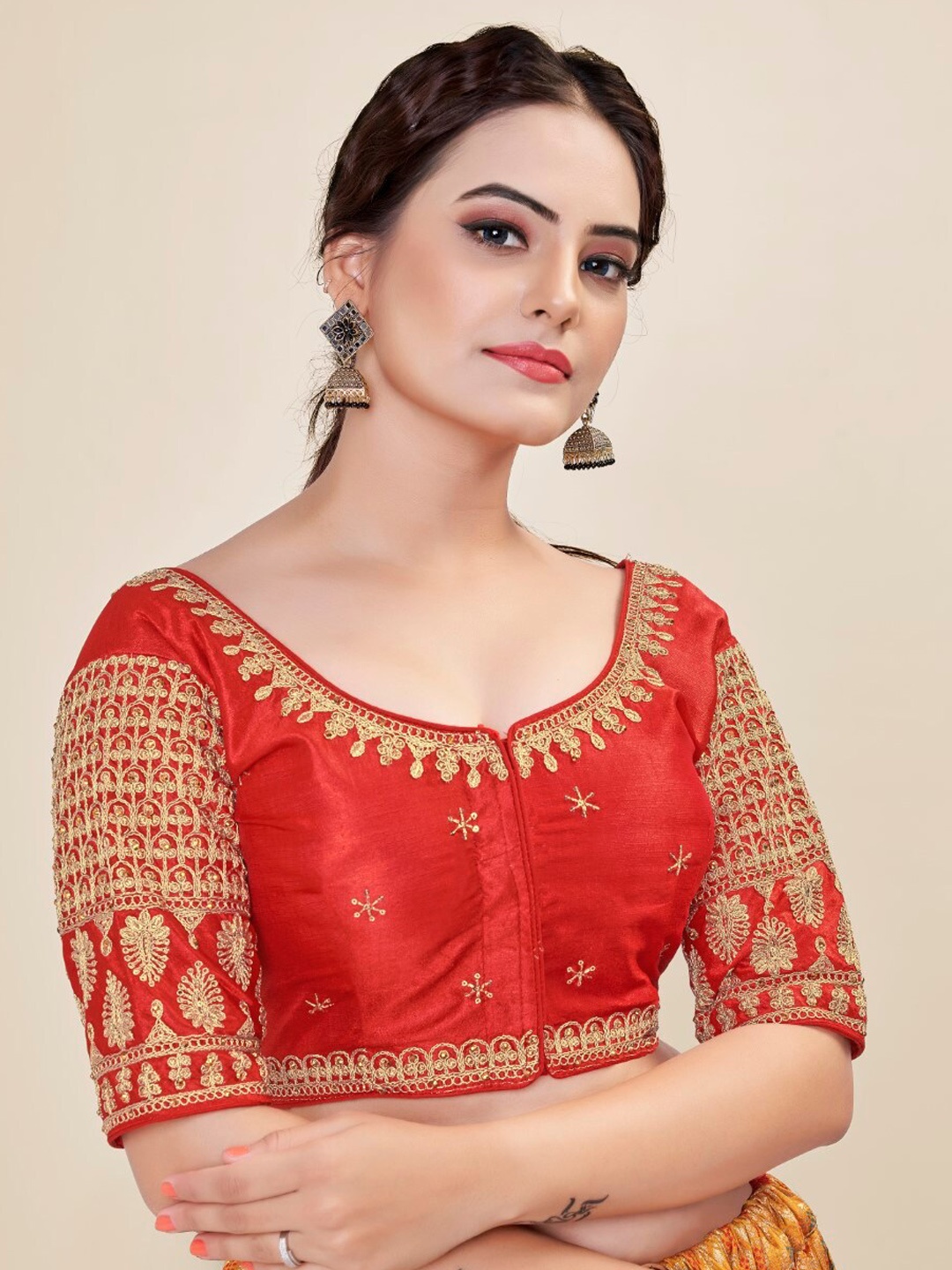 

HIMRISE Embroidered Round Neck Silk Saree Blouse, Red