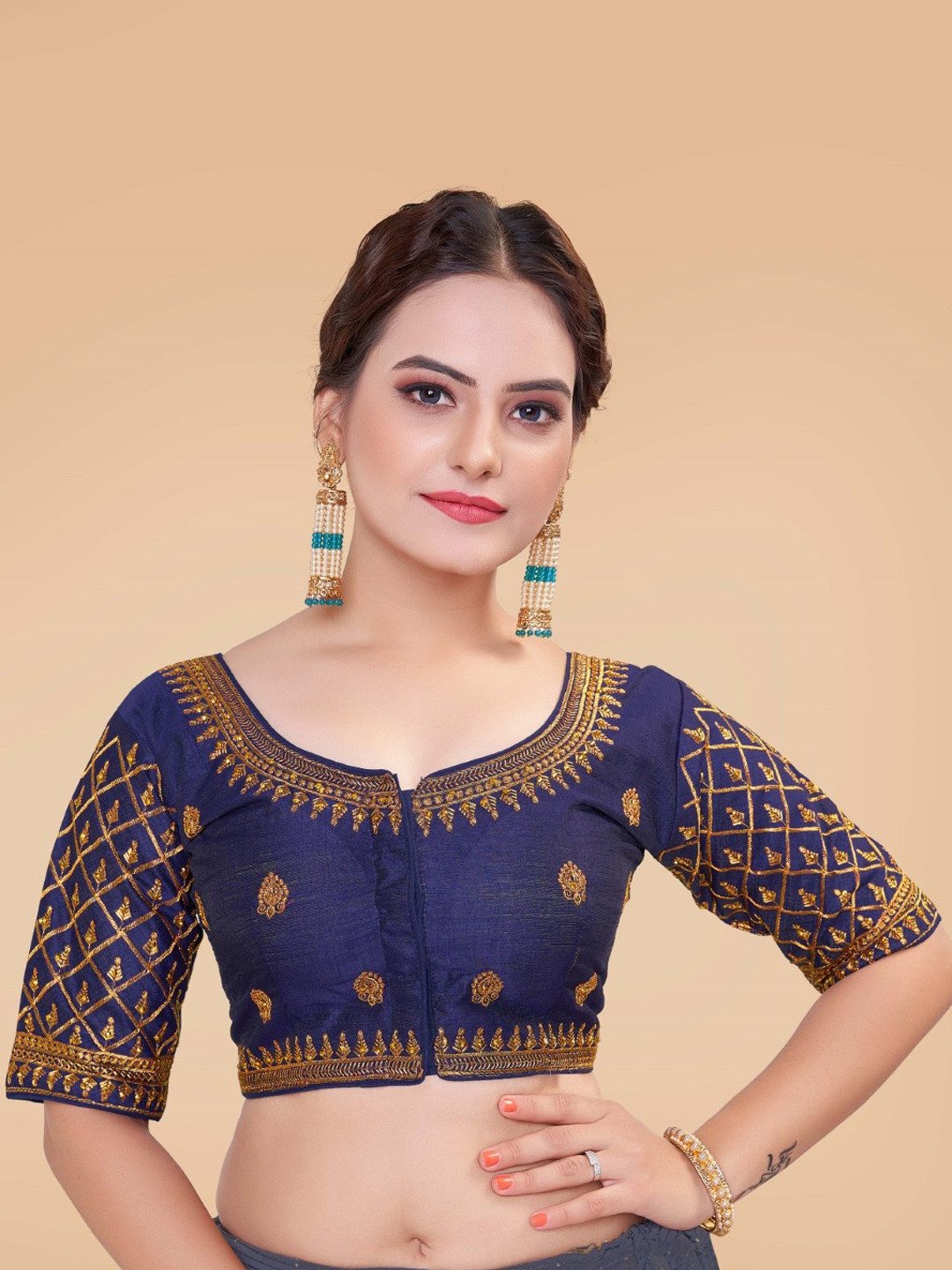 

HIMRISE Embroidered Round Neck Silk Saree Blouse, Navy blue
