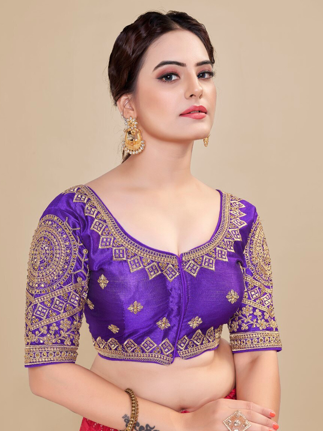 

HIMRISE Embroidered Round Neck Silk Saree Blouse, Purple