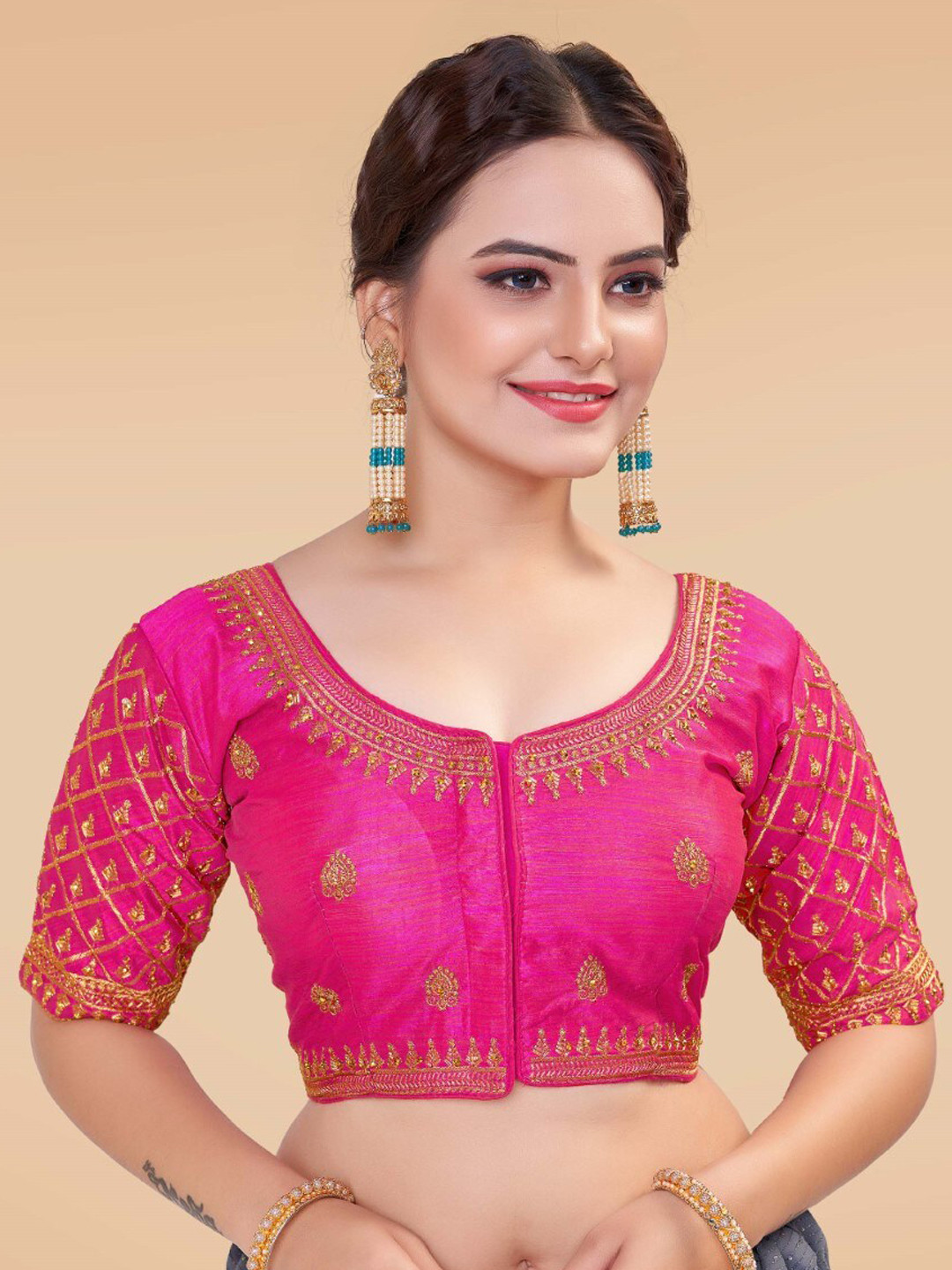 

HIMRISE Embroidered Silk Saree Blouse, Pink