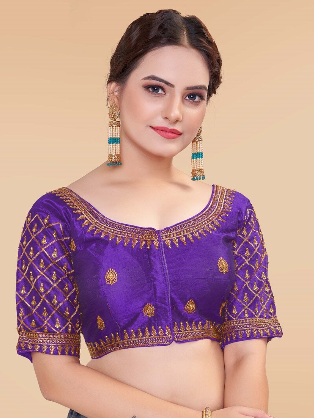 

HIMRISE Embroidered Round Neck Silk Saree Blouse, Purple