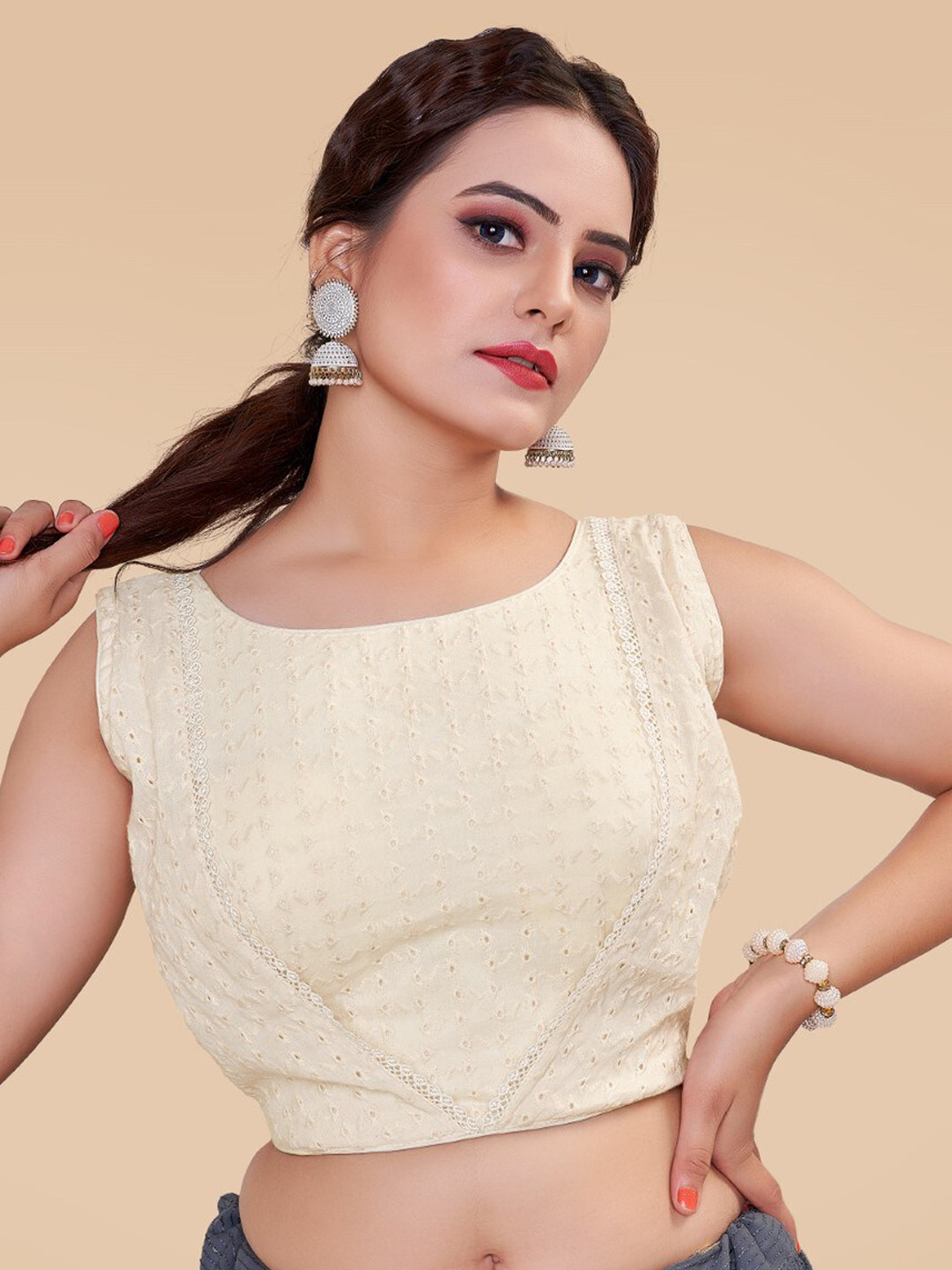 

HIMRISE Embroidered Sleeveless Saree Blouse, Cream