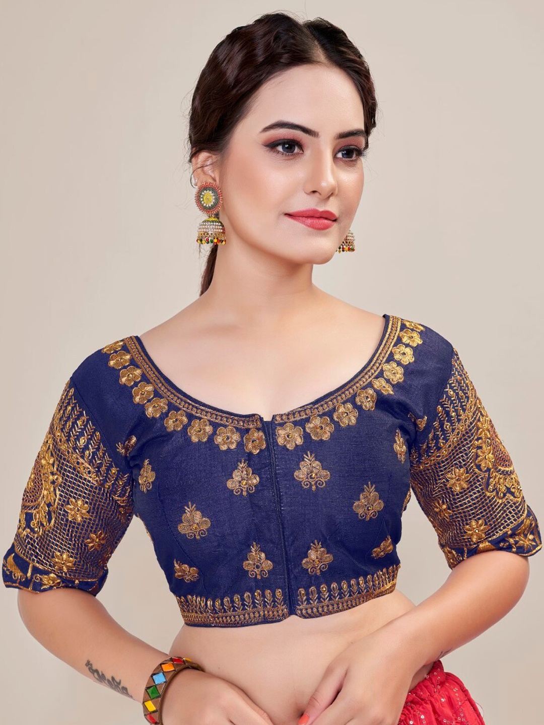 

HIMRISE Embroidered Round Neck Silk Saree Blouse, Navy blue
