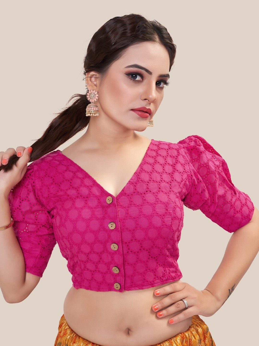 

HIMRISE Embroidered V Neck Saree Blouse, Pink