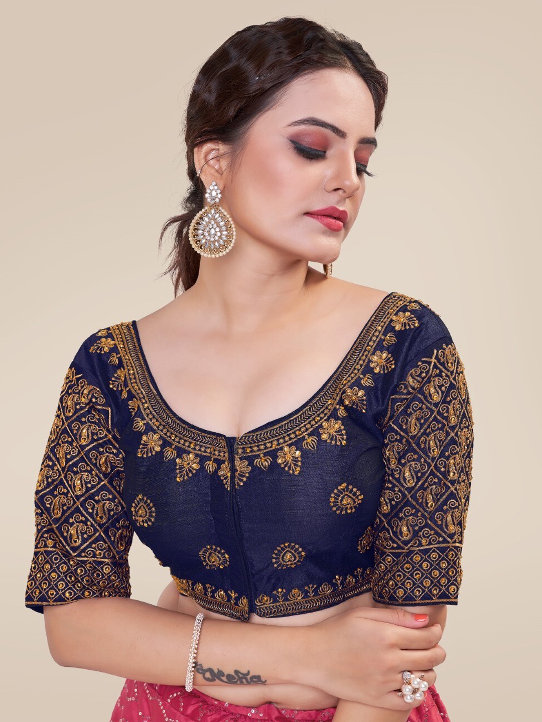 

HIMRISE Embroidered Silk Saree Blouse, Navy blue