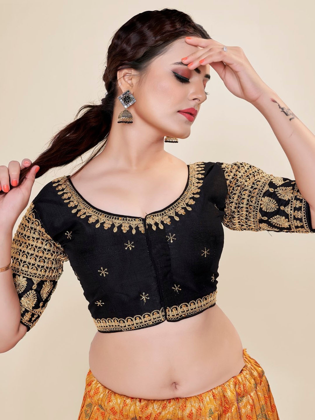 

HIMRISE Embroidered Silk Saree Blouse, Black