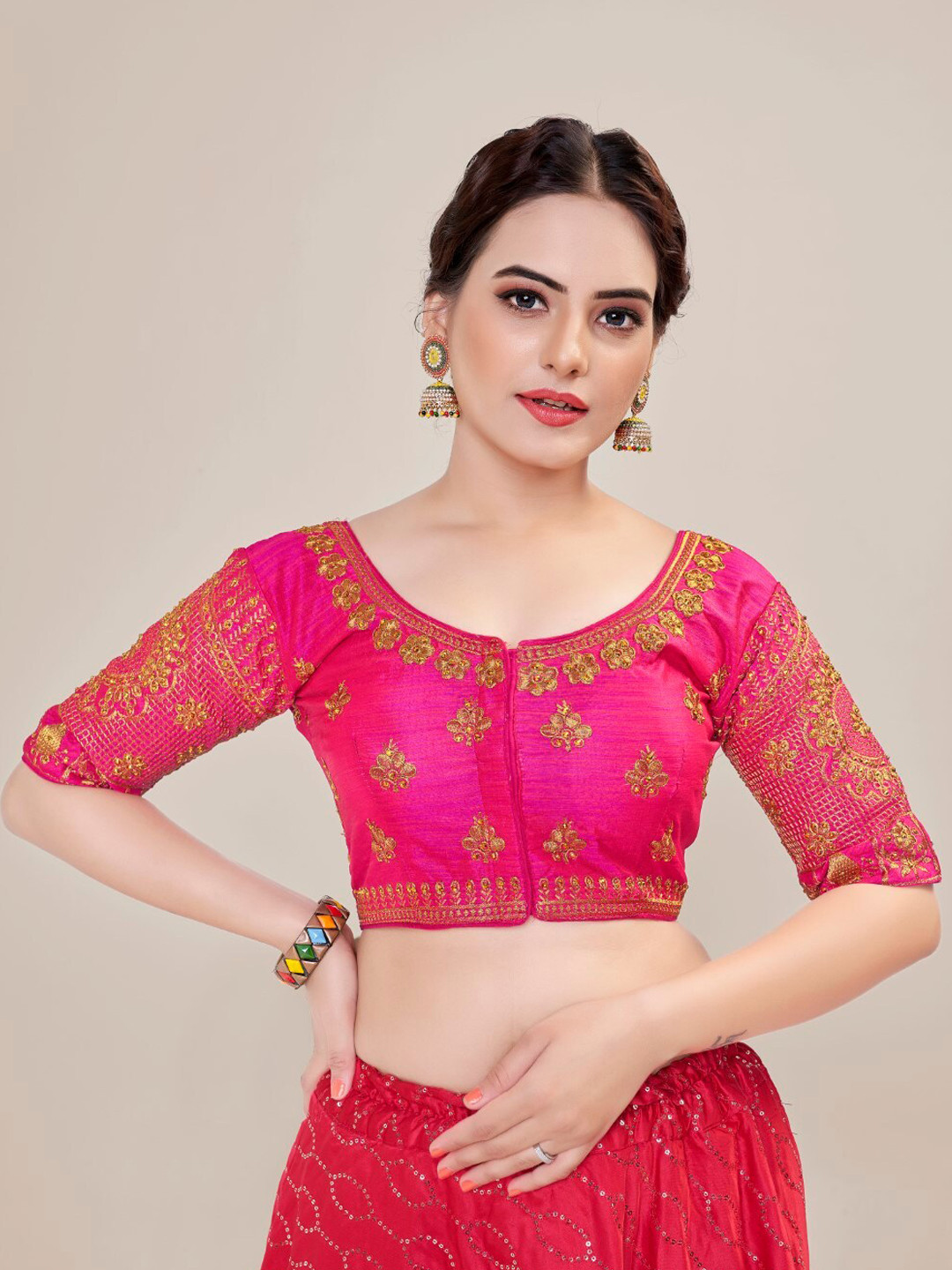 

HIMRISE Embroidered Round Neck Silk Saree Blouse, Pink
