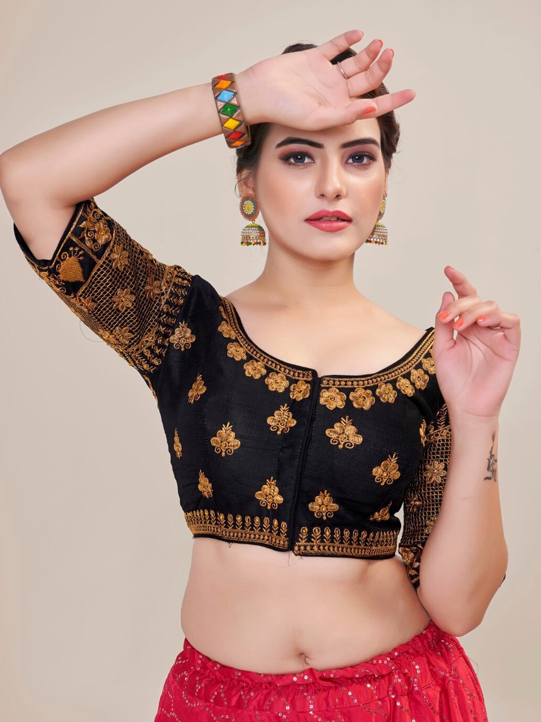 

HIMRISE Embroidered Silk Saree Blouse, Black