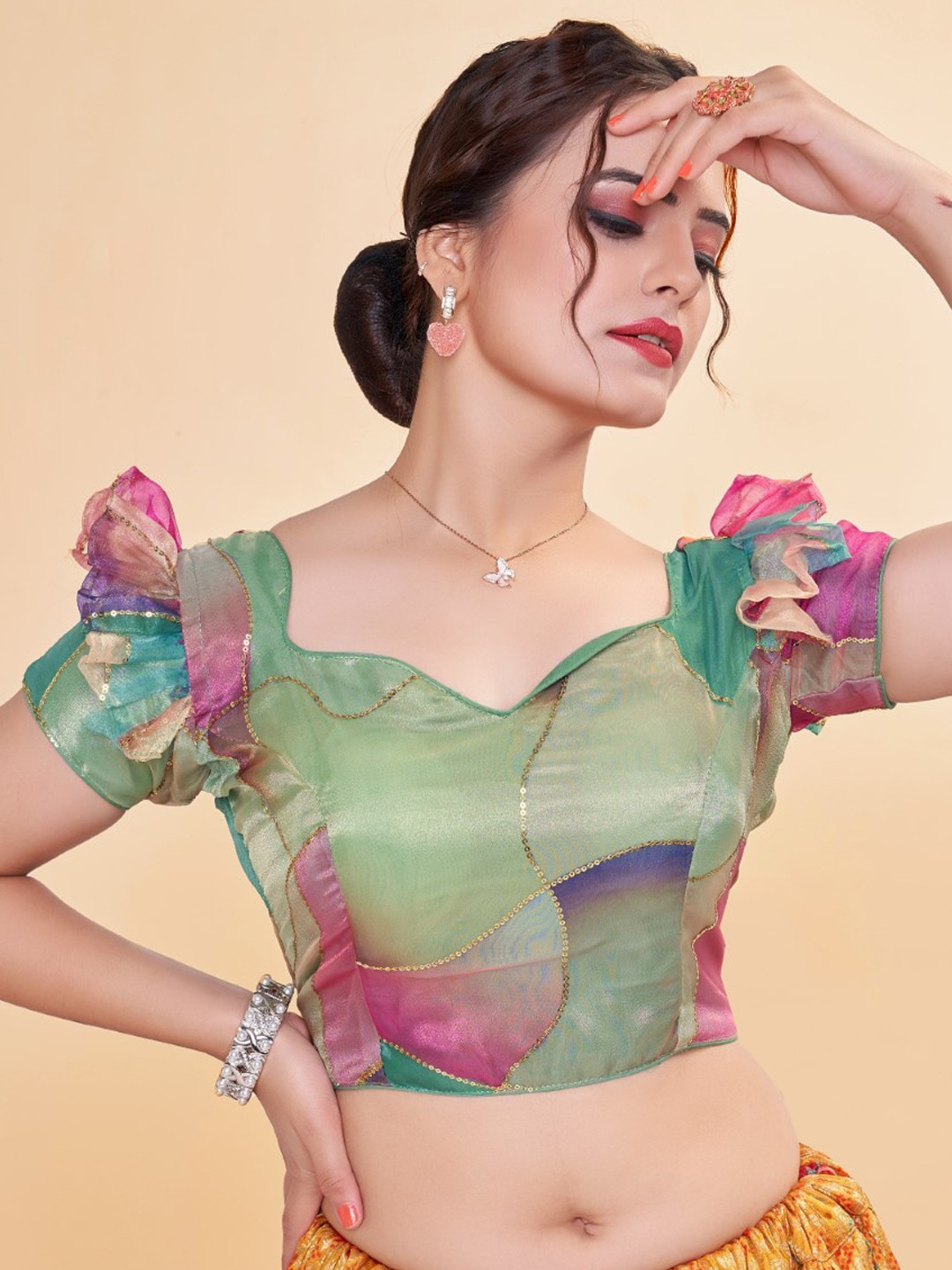 

HIMRISE Embellished Sweetheart Neck Short Sleeve Organza Saree Blouse, Pink