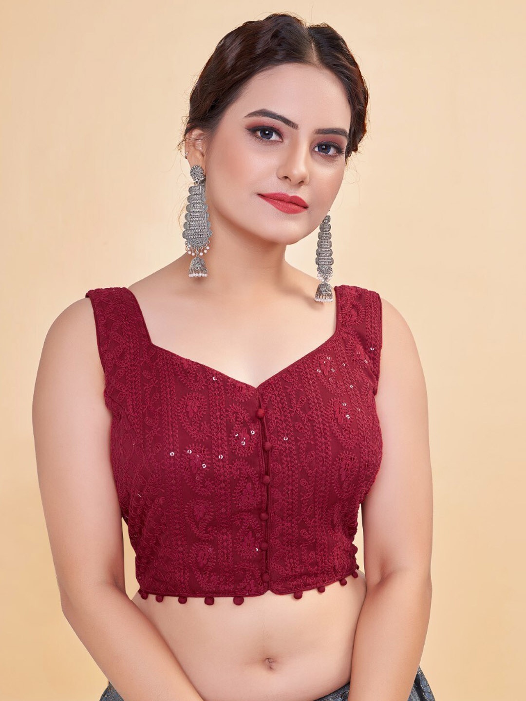 

HIMRISE Embroidered Sweetheart Neck Saree Blouse, Maroon