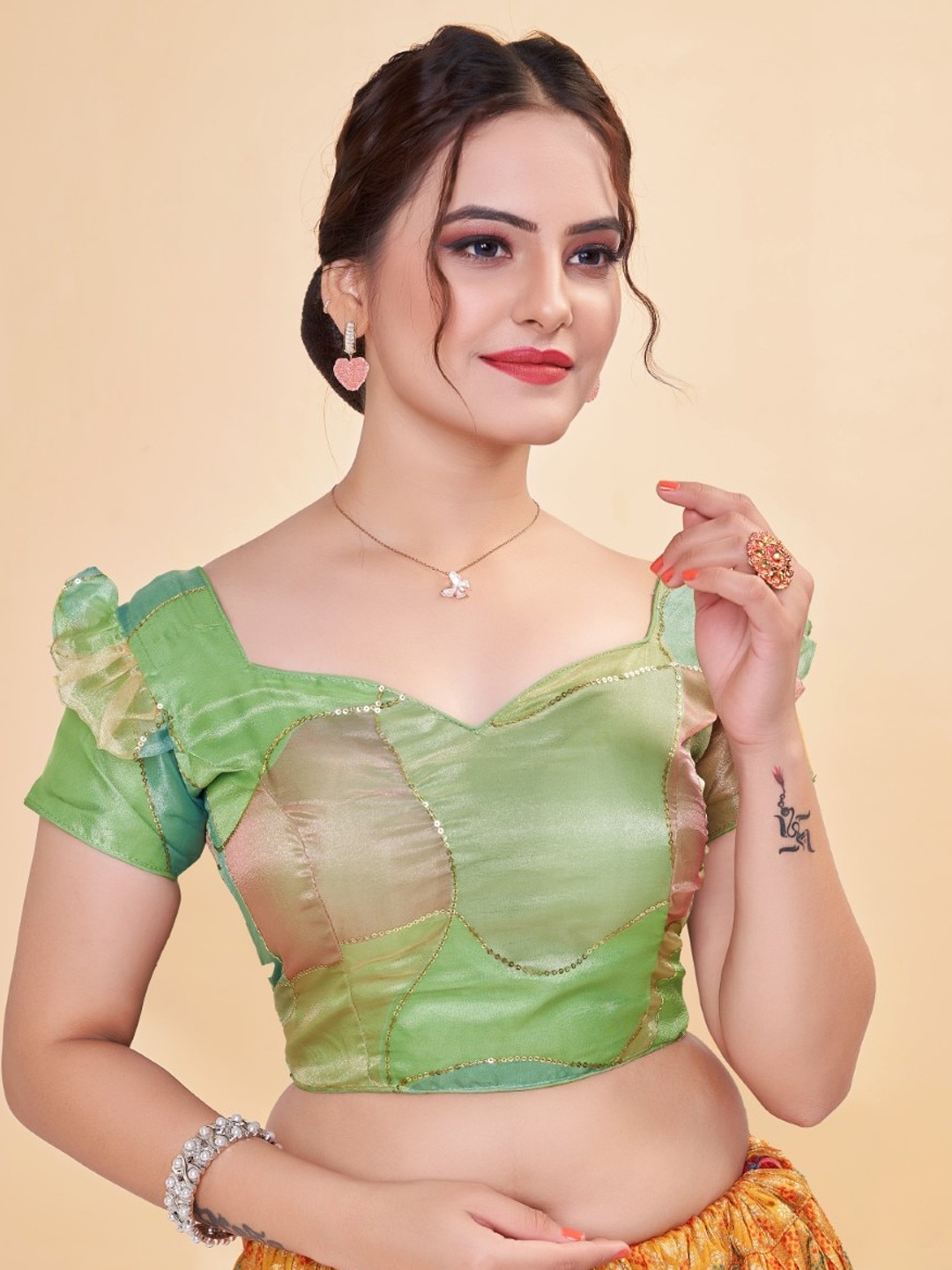 

HIMRISE Sequined Organza Saree Blouse, Green