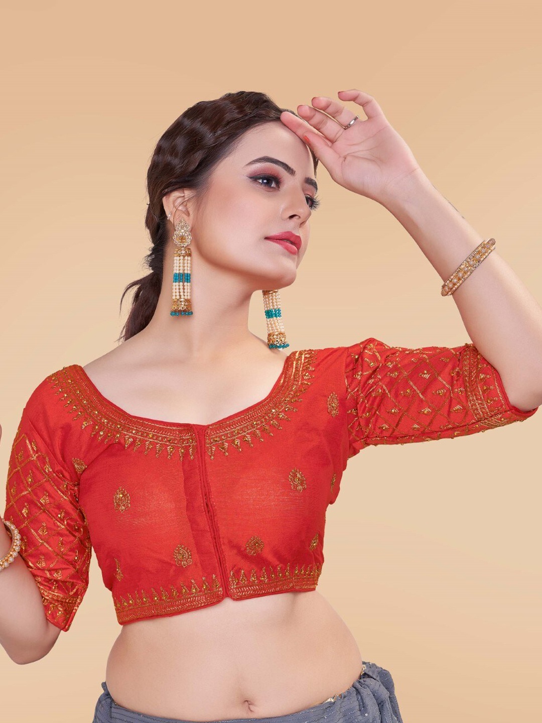 

HIMRISE Embroidered Silk Saree Blouse, Red