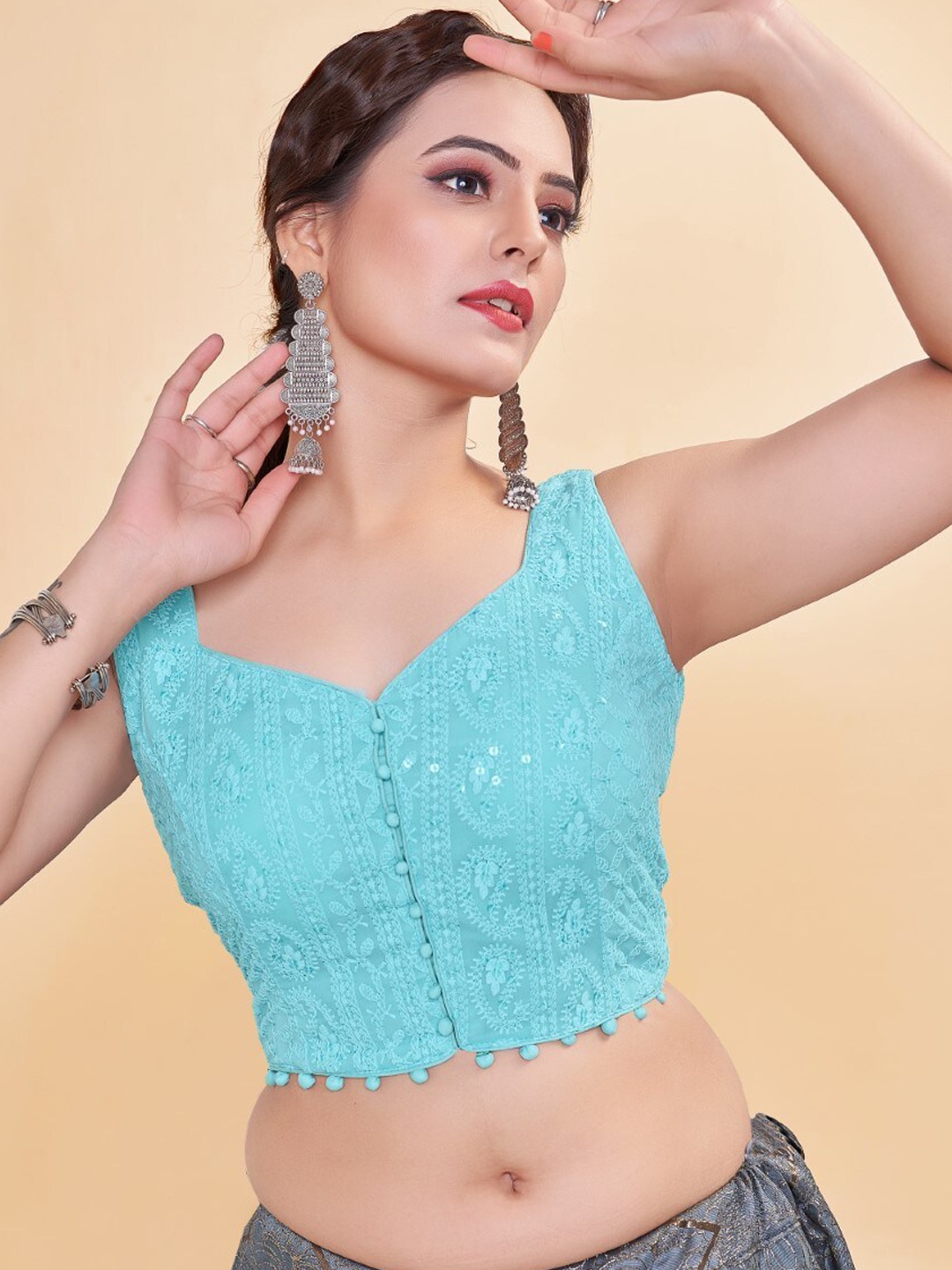 

HIMRISE Embroidered Sweetheart Neck Saree Blouse, Blue