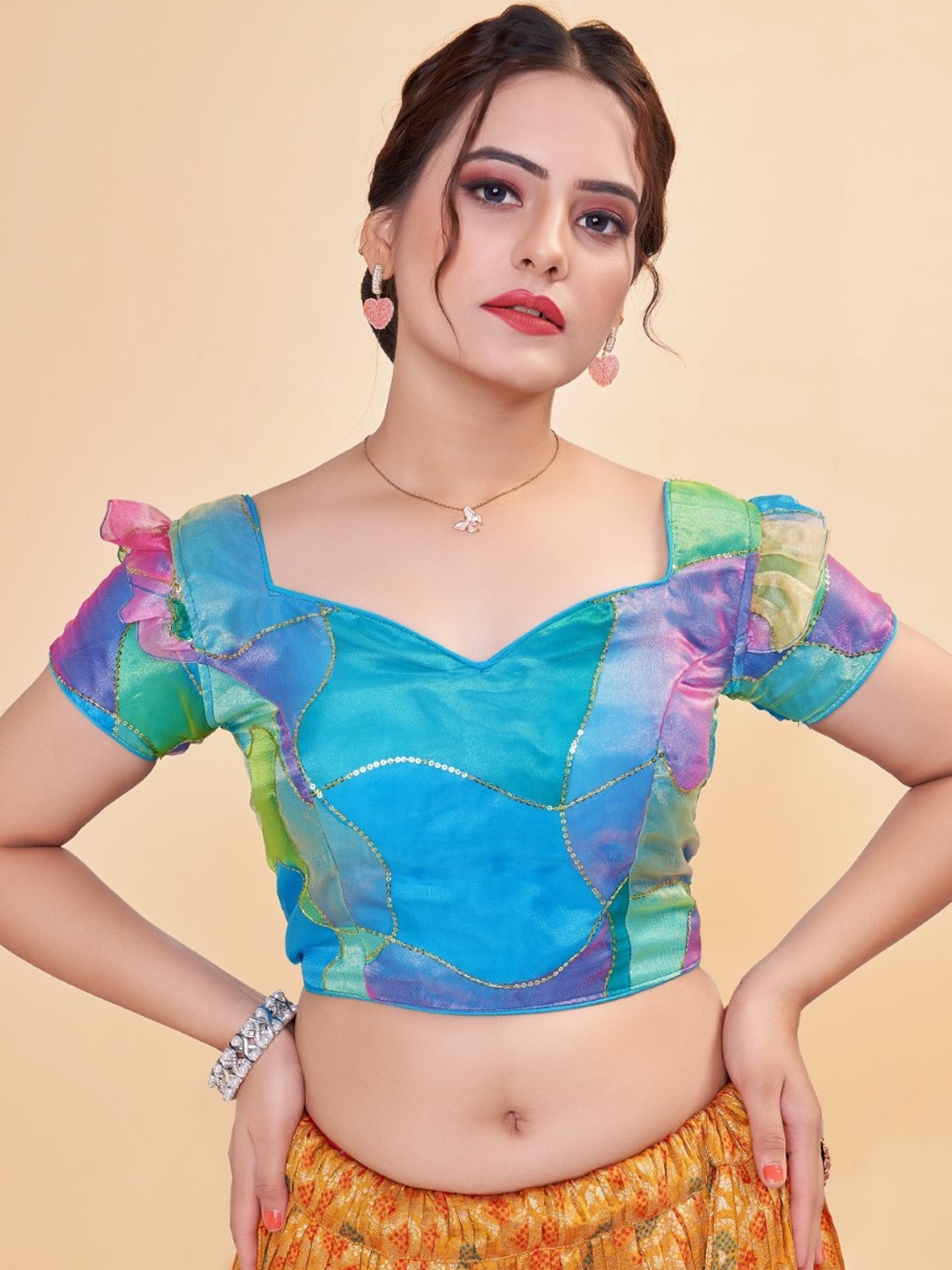 

HIMRISE Embroidered Organza Saree Blouse, Blue
